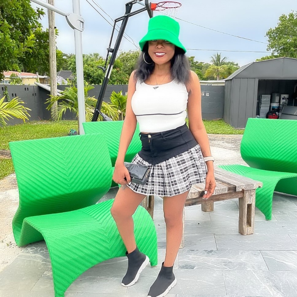 Black and White Pleated Denim & Houndstooth Mini Skirt